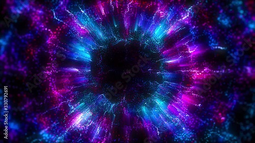 4K Abstract motion background animation shining particles and neon colors light  forms fluctuating in space seamless loop
