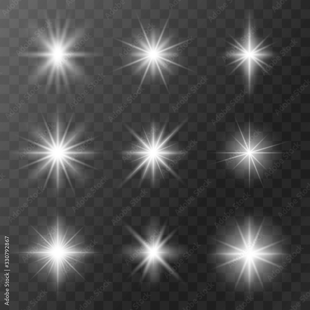Set of realistic stars with bright rays of light vector illustration. Small glare lightning with different shape flat style. Flashlight concept. Lens flares on transparent background Set of realistic stars with bright rays of light vector illustration. Small glare lightning with different shape flat style. Flashlight concept. Lens flares on transparent background