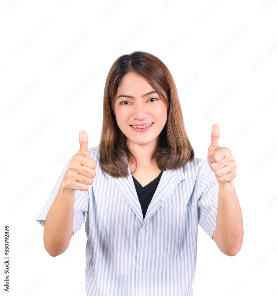 woman two thumb up on white background woman two thumb up on white background