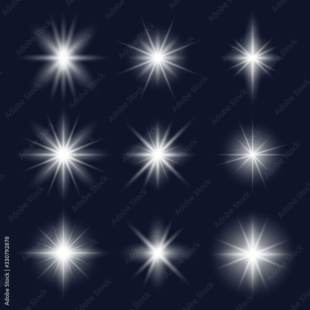 Fototapeta premium Set of realistic glare lightning white stars vector illustration. Light effects and cold colour. Lens flares or rays flat style. Isolated on dark background
