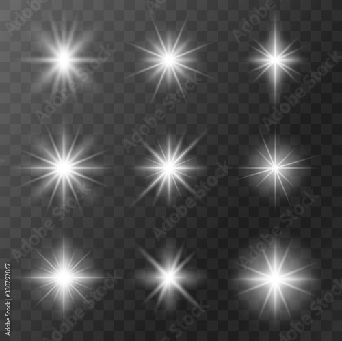 Set of realistic stars with bright rays of light vector illustration. Small glare lightning with different shape flat style. Flashlight concept. Lens flares on transparent background