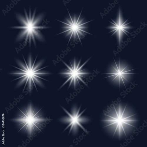 Set of realistic glare lightning white stars vector illustration. Light effects and cold colour. Lens flares or rays flat style. Isolated on dark background