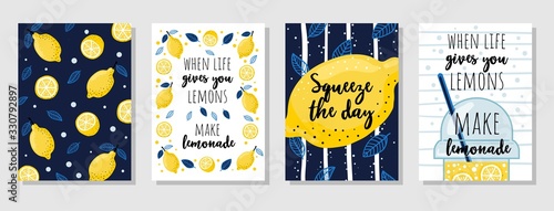 Set of cards with juicy lemons and quotes vector illustration. Collection of posters with motivation lettering cartoon design. When life gives you lemons make lemonade text
