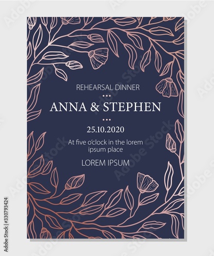 Rehearsal dinner elegant invitation with flowers vector illustration. Time and address information flat style. Luxury celebration and stylish design concept