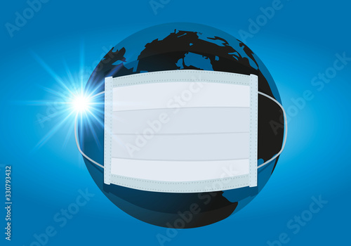 Concept de la propagation d’une épidémie à l’échelle mondiale avec le symbole d’un masque de chirurgien qui recouvre la terre pour la protéger du virus.