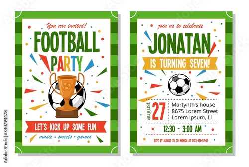 Football party for kids invitation template vector illustration. Address and time information on card flat style design. Birthday celebration and soccer sport concept