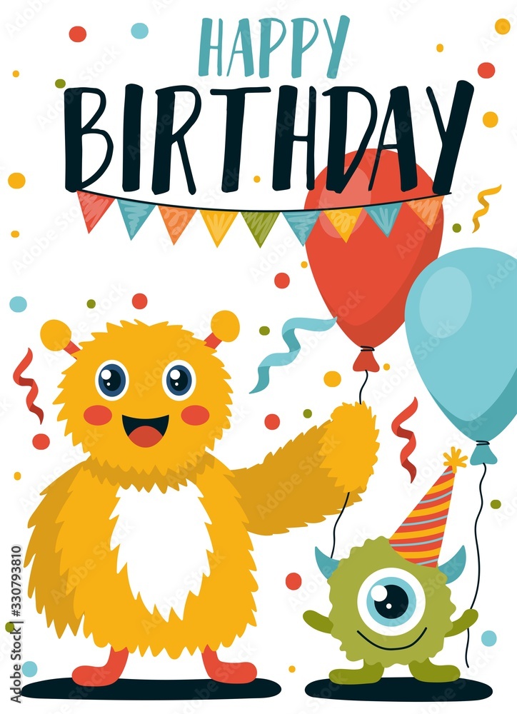 Happy birthday greeting card with cute monsters vector illustration. Funny  characters with bright balloons cartoon design. Festive party and  celebration concept Stock Vector | Adobe Stock