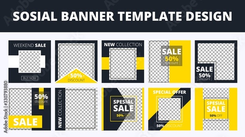 Social media sale banners with information vector illustration. Design templates with fifty percent discount and transparent backdrop flat style. Modern promotion concept
