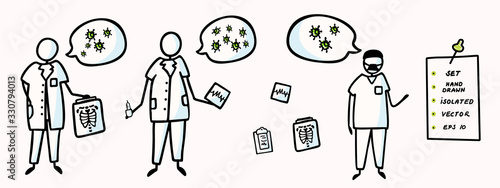 Corona virus covid 19 stickman doctor nurse explainer infographic. News broadcast speech bubble.. Educational graphic design clipart. Icon set in black white. Vector flu safety caution awareness.  