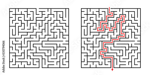 Vector Square Maze - Labyrinth with Included Solution in Black & Red. Funny & Educational Mind Game for Coordination, Problems Solving, Decision Making Skills Test.