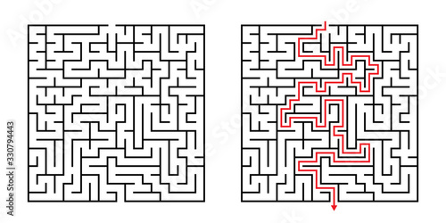 Vector Square Maze - Labyrinth with Included Solution in Black & Red. Funny & Educational Mind Game for Coordination, Problems Solving, Decision Making Skills Test.