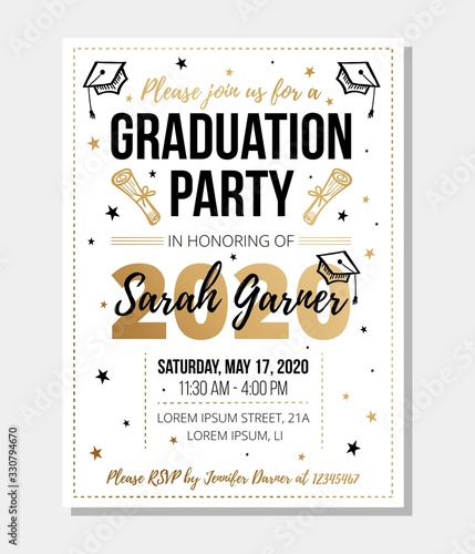 Graduation party invitation with information vector illustration. Decorated paper with place and time details flat style design. Traditional ceremony concept