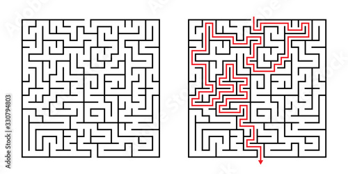 Vector Square Maze - Labyrinth with Included Solution in Black & Red. Funny & Educational Mind Game for Coordination, Problems Solving, Decision Making Skills Test.