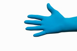 Hand in a blue medical glove on a white background. Isolated.