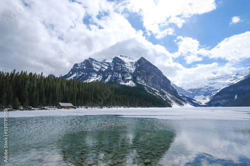 Mount fairview, partly frozen lake, Lake Louise Banff National Park, Alberta Canada