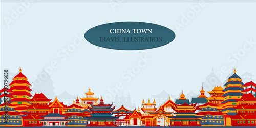 Vector greeting card with Chinese traditional temples and buildings on light gray background.