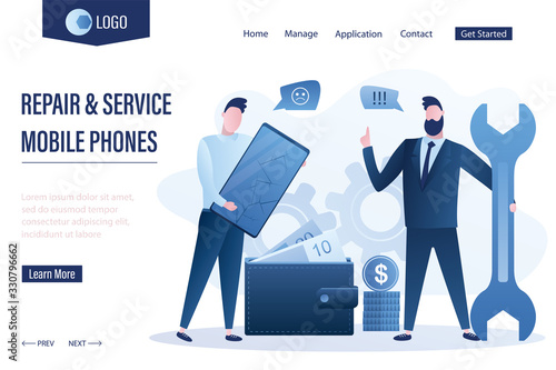 Repair and service mobile phones landing page template. User holding phone with cracks on the screen, businessman with wrench.