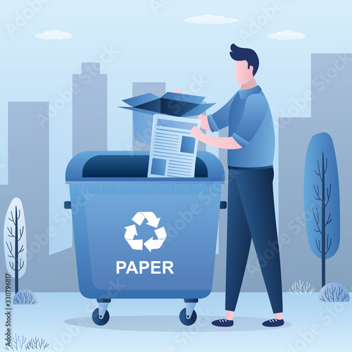 Handsome man throwing paper garbage in big trash can. Recycling and ecological concept.