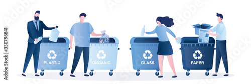 People putting rubbish in trash bins or garbage containers. Set of various men and women