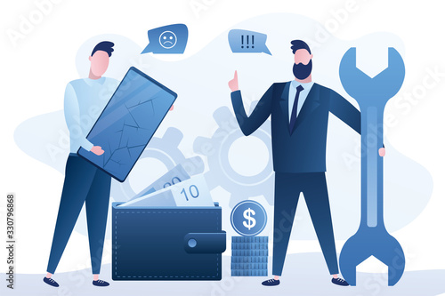 User holding phone with cracks on screen, businessman or repairman with wrench. Repair a broken gadget.