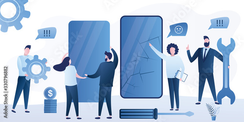 Repair and service mobile phones concept banner. Smartphone with cracks on screen, businesswoman boss and repairmen with tools.