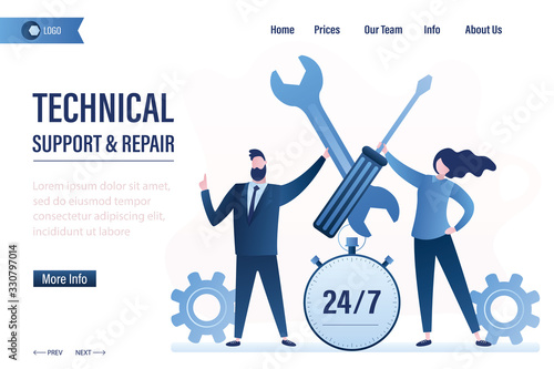 Technical support and repair landing page template. Business people hold screwdriver and wrench. Help 24 hours concept banner.