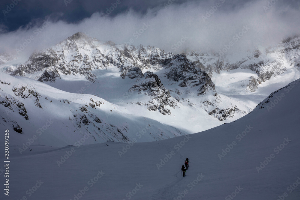 Hiker at the Arolla Glacier at the swiss alps