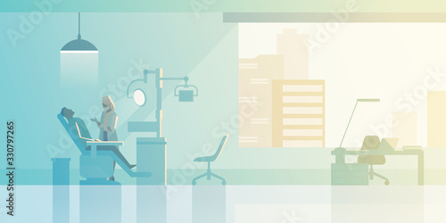 Reception at Dentist doctor's office Flat vector illustration. Doctor with Patient in armchair in Dental Medical Clinic interior collection.
