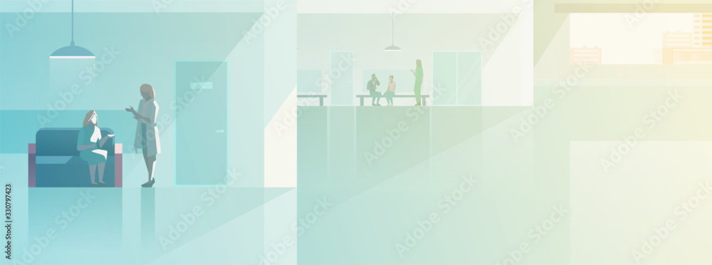 Hall in Hospital Medical Clinic interior collection flat vector illustration. Doctor Patients Visitors standing sitting in corridor Hall in Hospital Medical Clinic interior collection flat vector illustration. Doctor Patients Visitors standing sitting in corridor