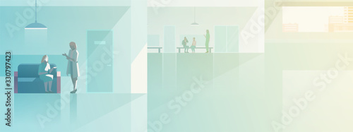 Hall in Hospital Medical Clinic interior collection flat vector illustration. Doctor Patients Visitors standing sitting in corridor