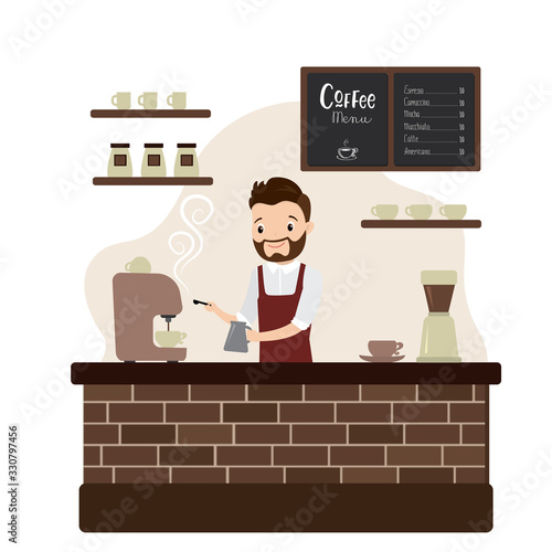 Fashion male barista or waiter at the bar in the cafe,restaurant or coffee shop interior