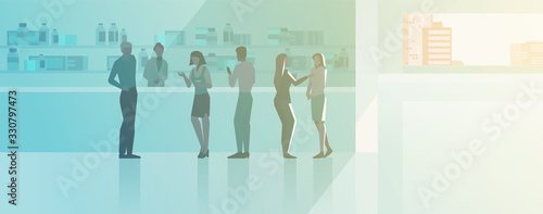 People buying medicine in Pharmacy interior flat vector illustration.