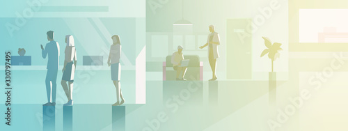 Reception in Hospital flat vector illustration. Patients Visitors standing at registration desk in Hall Medical Clinic interior collection.