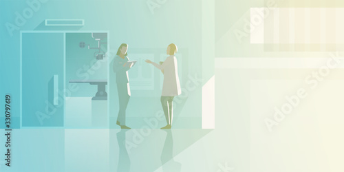 Doctors talking in Medical Clinic Hospital Hall interior Flat vector illustration.
