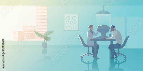 Reception at Ophthalmologist doctor's office Flat vector illustration. Doctor checks vision of Patient in Medical Clinic interior collection.