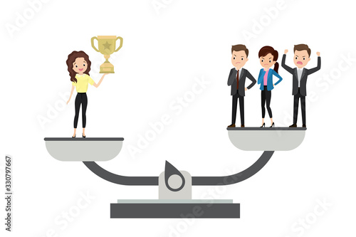 Businesswoman on scales,female winner with a cup and group of losers,