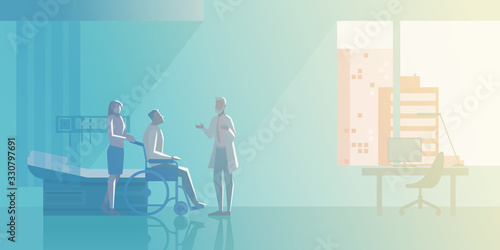 Reception at Therapist Orthopedist doctor's office Flat vector illustration. Doctor with Nurse talking with Patient in wheelchair Medical Clinic interior collection.