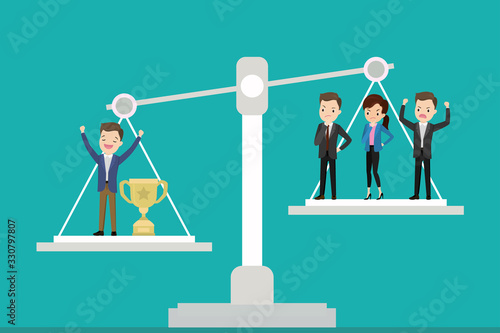 Businessmen on scales,male winner with a cup and losers,success concept,