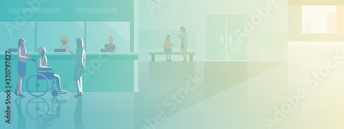 Reception in Hospital flat vector illustration. Patient in wheelchair with Nurse waiting in Hall Medical Clinic interior collection.