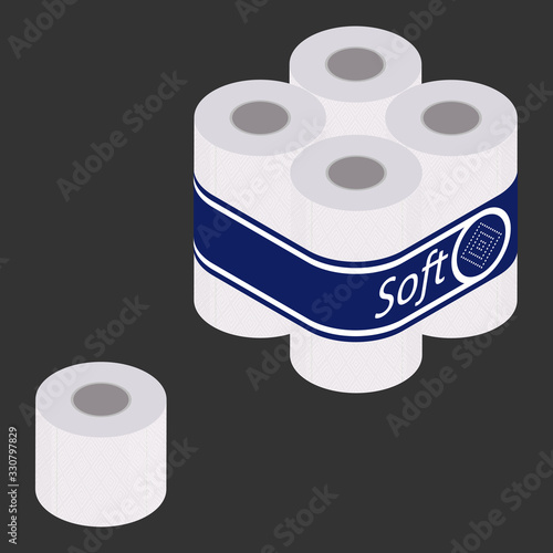 Toilet paper roll and pack, isometric design. 3D Render. Vector illustration.
