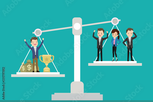 Businessmen on scales,male winner with a maney and cup, group of losers