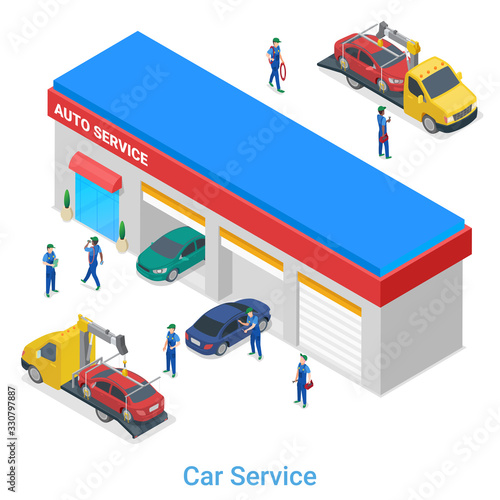 Isometric Car Auto Vehicle Service Station Garage with tow truck evacuator flat vector illustration.