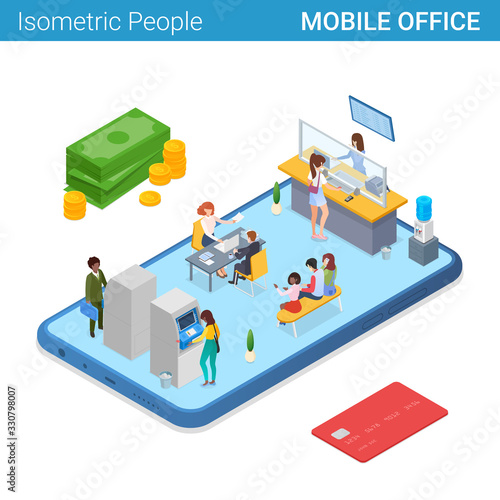 Mobile Office Banking in Smartphone Isometric Flat vector illustration concept. People working giving getting money in Mobile Phone.