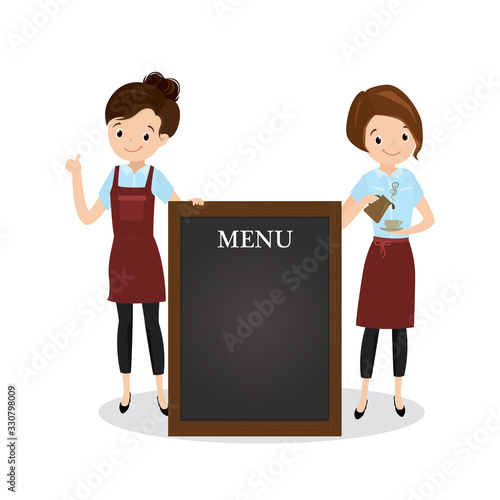 Cartoon female waiters near menu board, beauty caucasian woman characters in uniform,