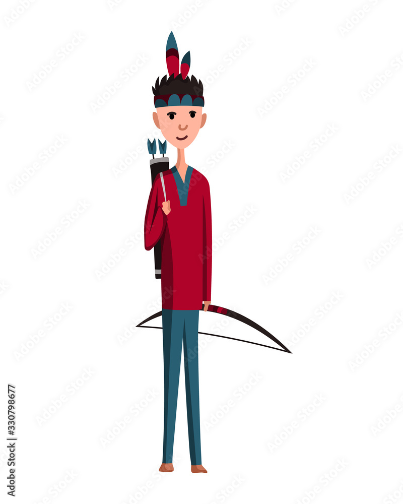 Native American Tribe Member In Traditional Indian Clothing With Weapons. Cartoon dressed man in indian style with bow Native American Tribe Member In Traditional Indian Clothing With Weapons. Cartoon dressed man in indian style with bow