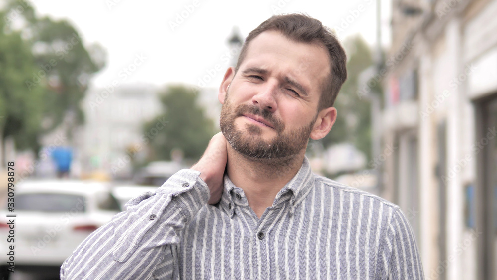 Tired Beard Casual Man with Neck Pain Tired Beard Casual Man with Neck Pain