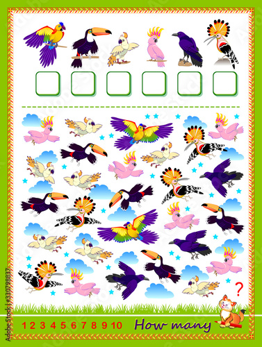 Math education for children. Count quantity of birds and write the numbers. Developing counting skills. Printable worksheet for kids textbook. Logic puzzle game. IQ test. Flat vector cartoon image.