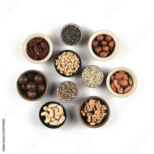 Top view photo of nuts on a white background.