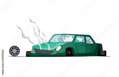 Accident on road. Illustration of crash vehicle, damage car. Insurance case. Vector broken cartoon auto