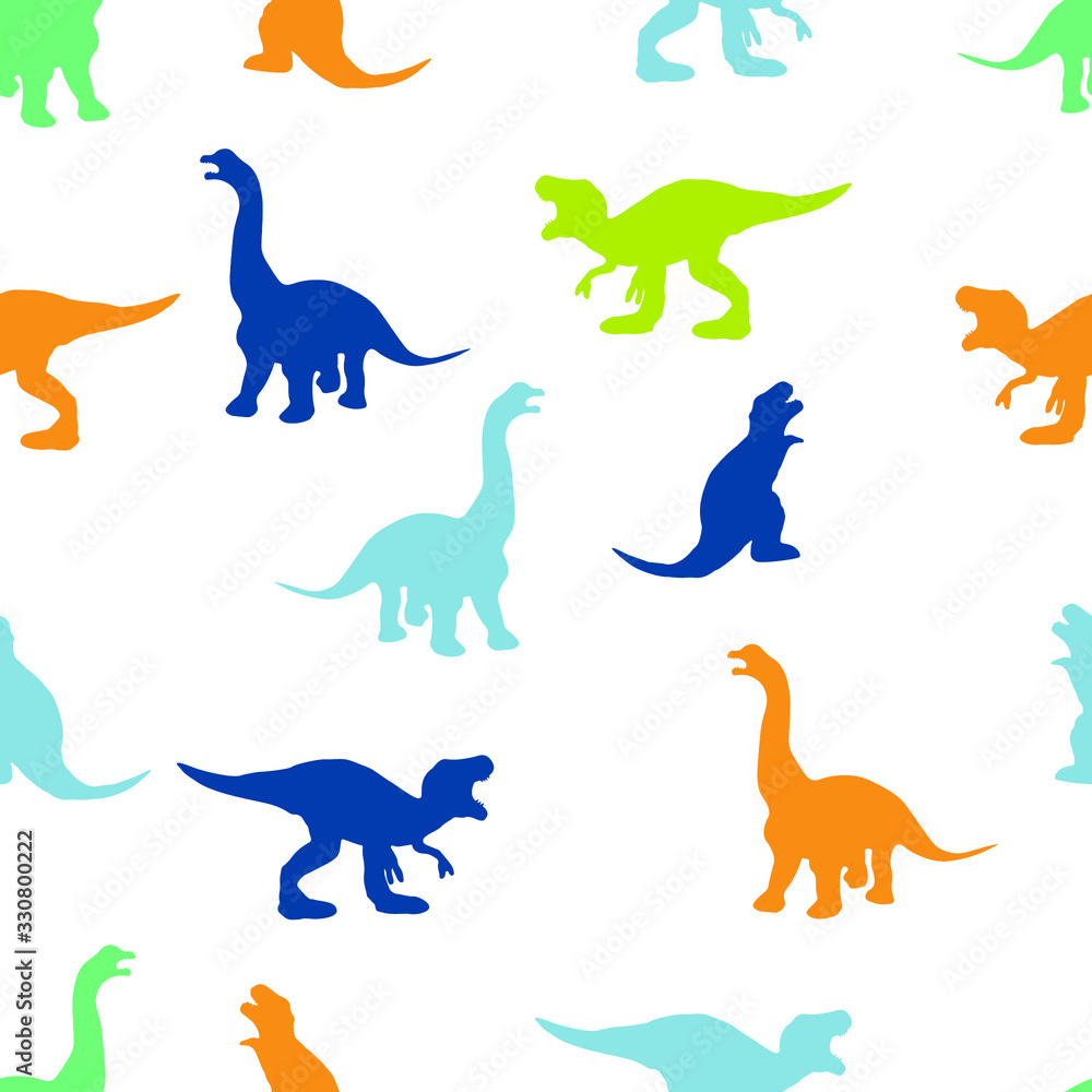 Multicolored dinosaurs on white background. Seamless pattern. Print for children.